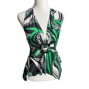 VTG Retro Halter Top Tie Neck Abstract BabyDoll Y2K Summer Stretch Sz S